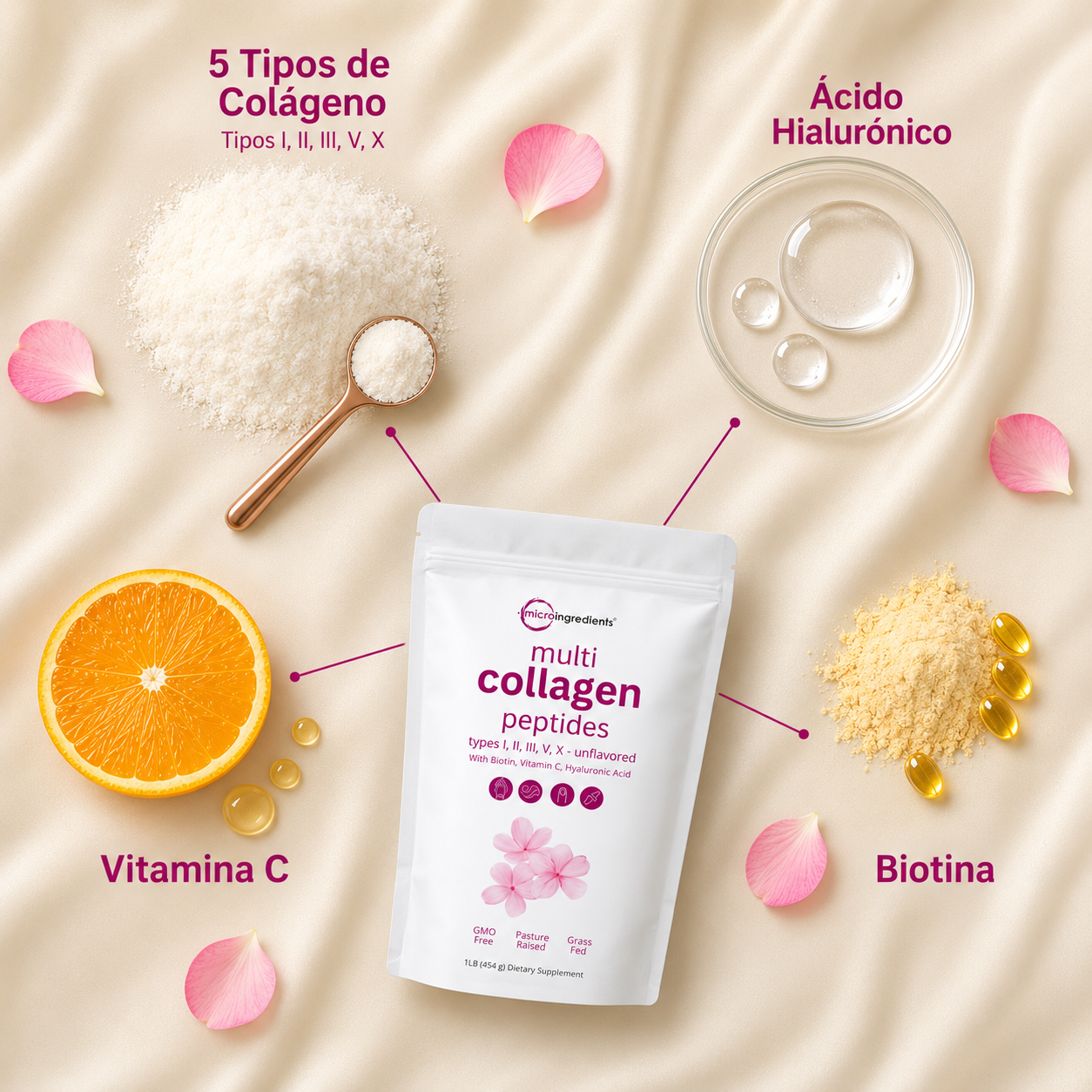 Multi Collagen Peptides — 5 Tipos de Colágeno + Biotina, Vitamina C y Ácido Hialurónico